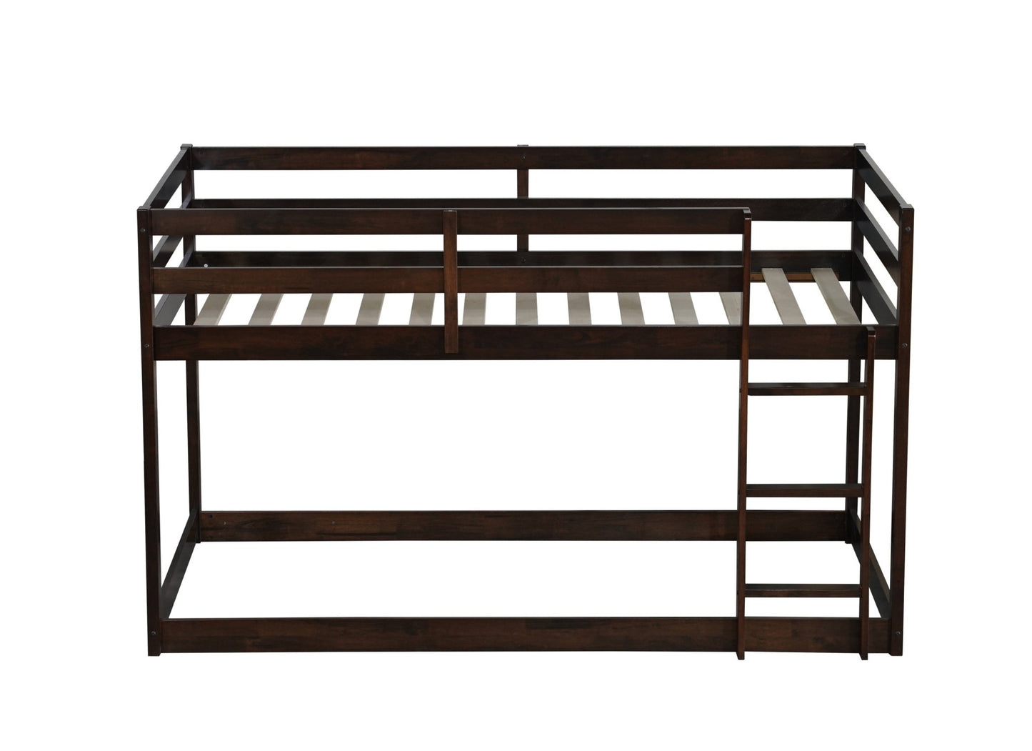 Solid Wooden, Solid Rubber Wooden Twin over Twin Floor Bunk Bed with Ladder, with Bed Platform of Strengthened Slats , Espresso - 1st Choice Furniture Direct