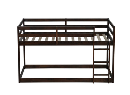 Solid Wooden, Solid Rubber Wooden Twin over Twin Floor Bunk Bed with Ladder, with Bed Platform of Strengthened Slats , Espresso - 1st Choice Furniture Direct