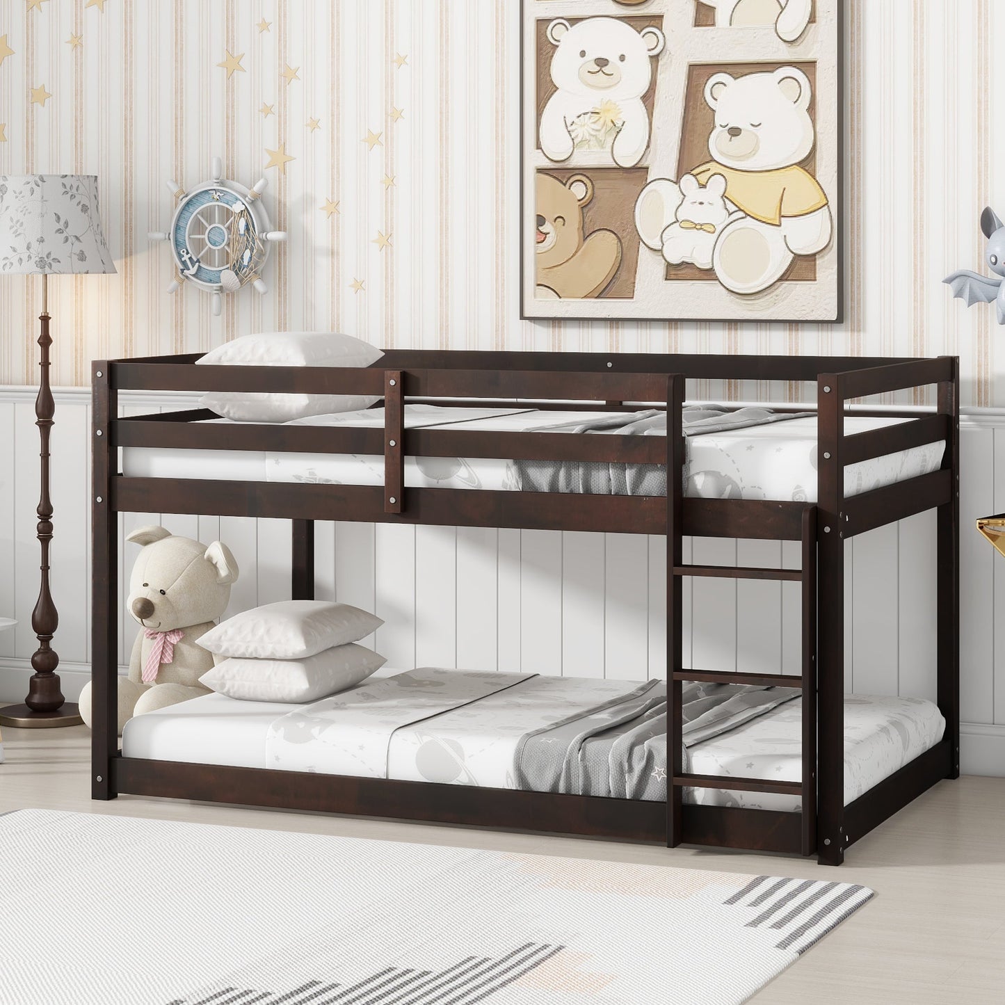 Solid Wooden, Solid Rubber Wooden Twin over Twin Floor Bunk Bed with Ladder, with Bed Platform of Strengthened Slats , Espresso - 1st Choice Furniture Direct