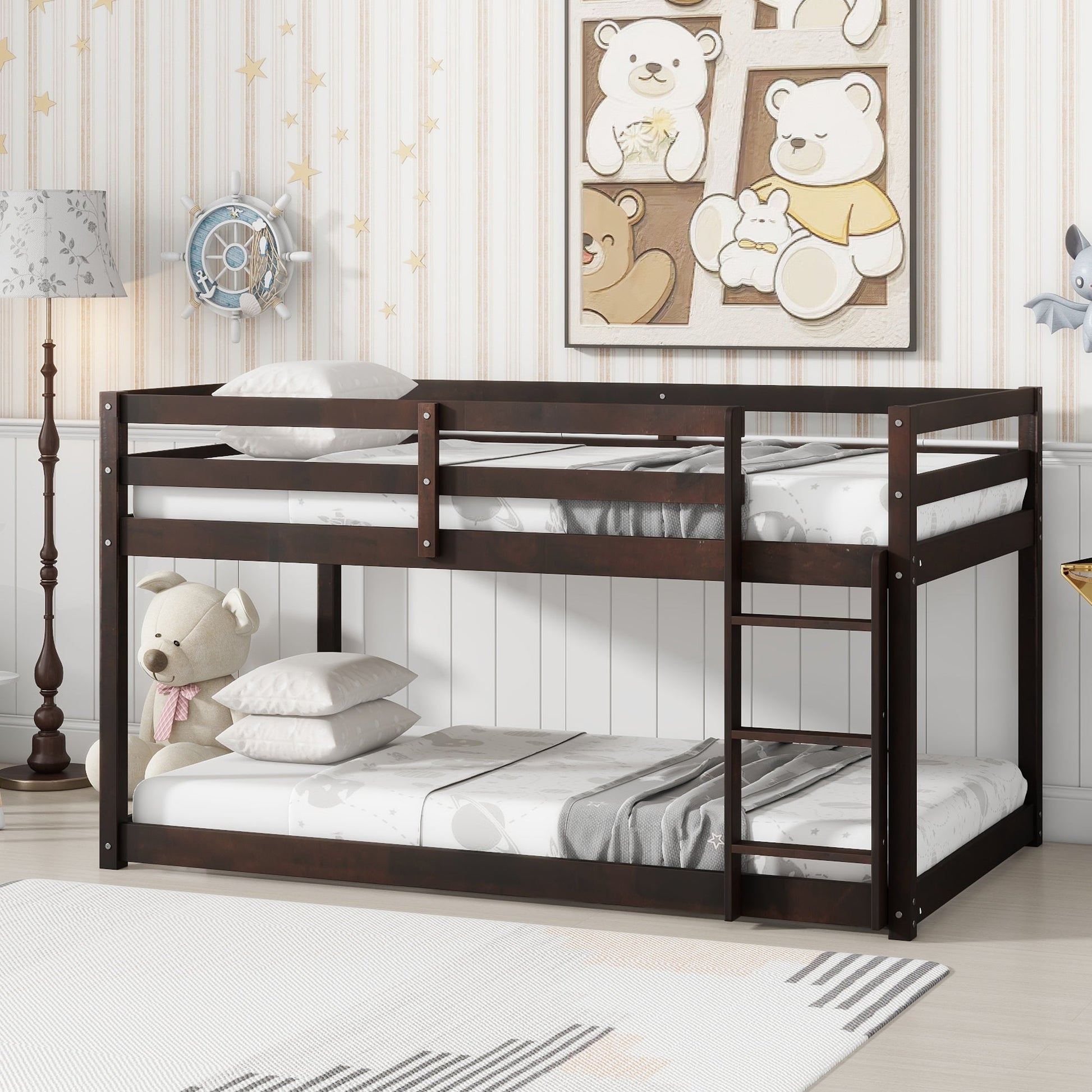 Solid Wooden, Solid Rubber Wooden Twin over Twin Floor Bunk Bed with Ladder, with Bed Platform of Strengthened Slats , Espresso - 1st Choice Furniture Direct