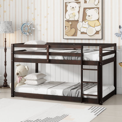 Solid Wooden, Solid Rubber Wooden Twin over Twin Floor Bunk Bed with Ladder, with Bed Platform of Strengthened Slats , Espresso - 1st Choice Furniture Direct