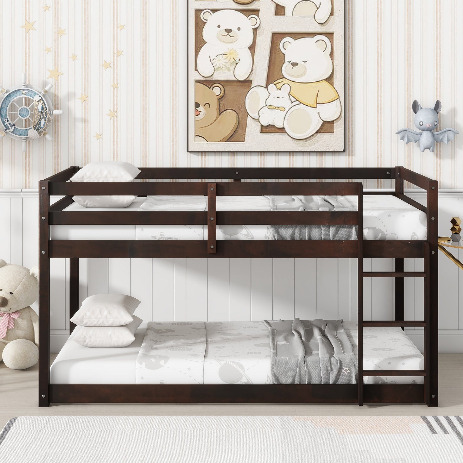 Solid Wooden, Solid Rubber Wooden Twin over Twin Floor Bunk Bed with Ladder, with Bed Platform of Strengthened Slats , Espresso - 1st Choice Furniture Direct