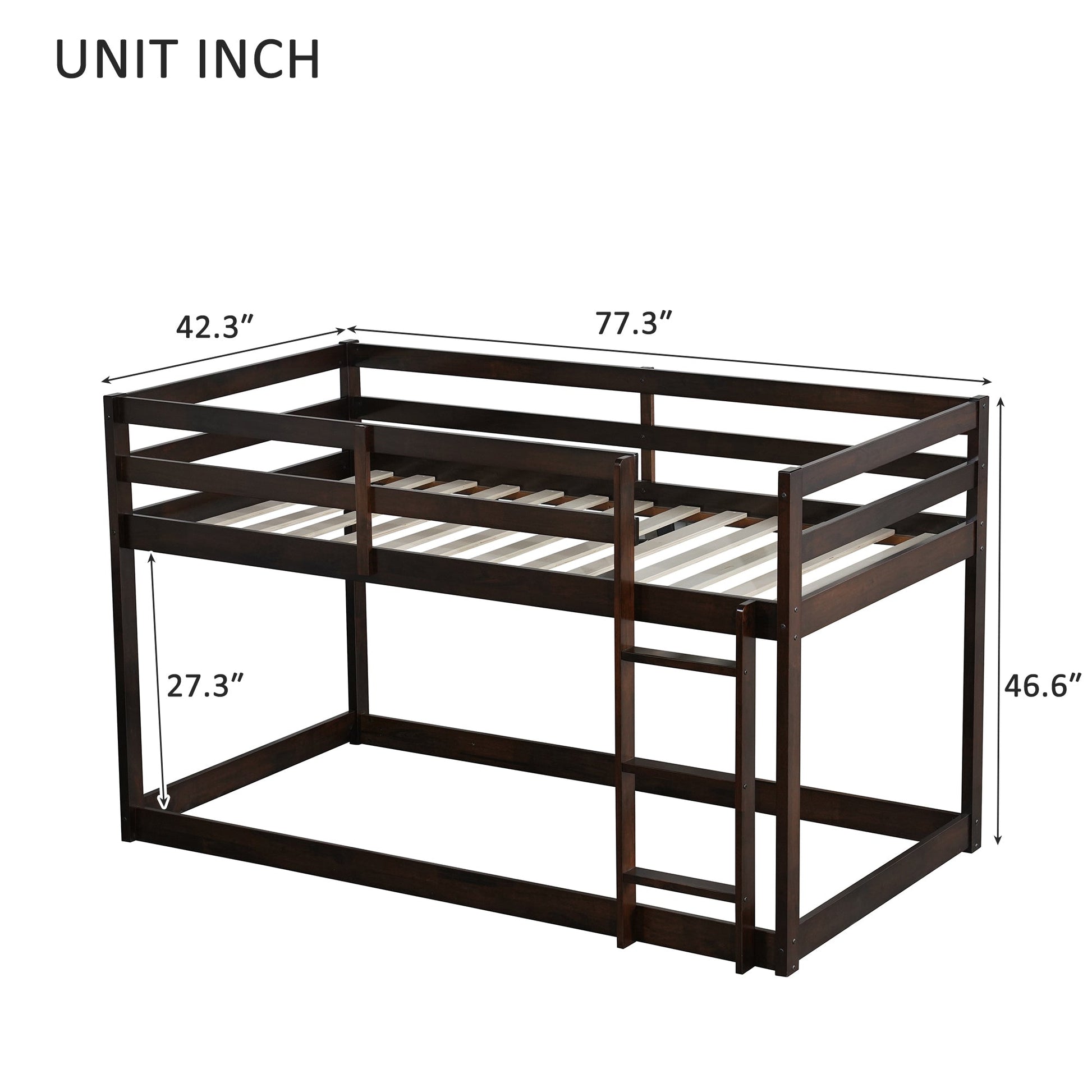 Solid Wooden, Solid Rubber Wooden Twin over Twin Floor Bunk Bed with Ladder, with Bed Platform of Strengthened Slats , Espresso - 1st Choice Furniture Direct