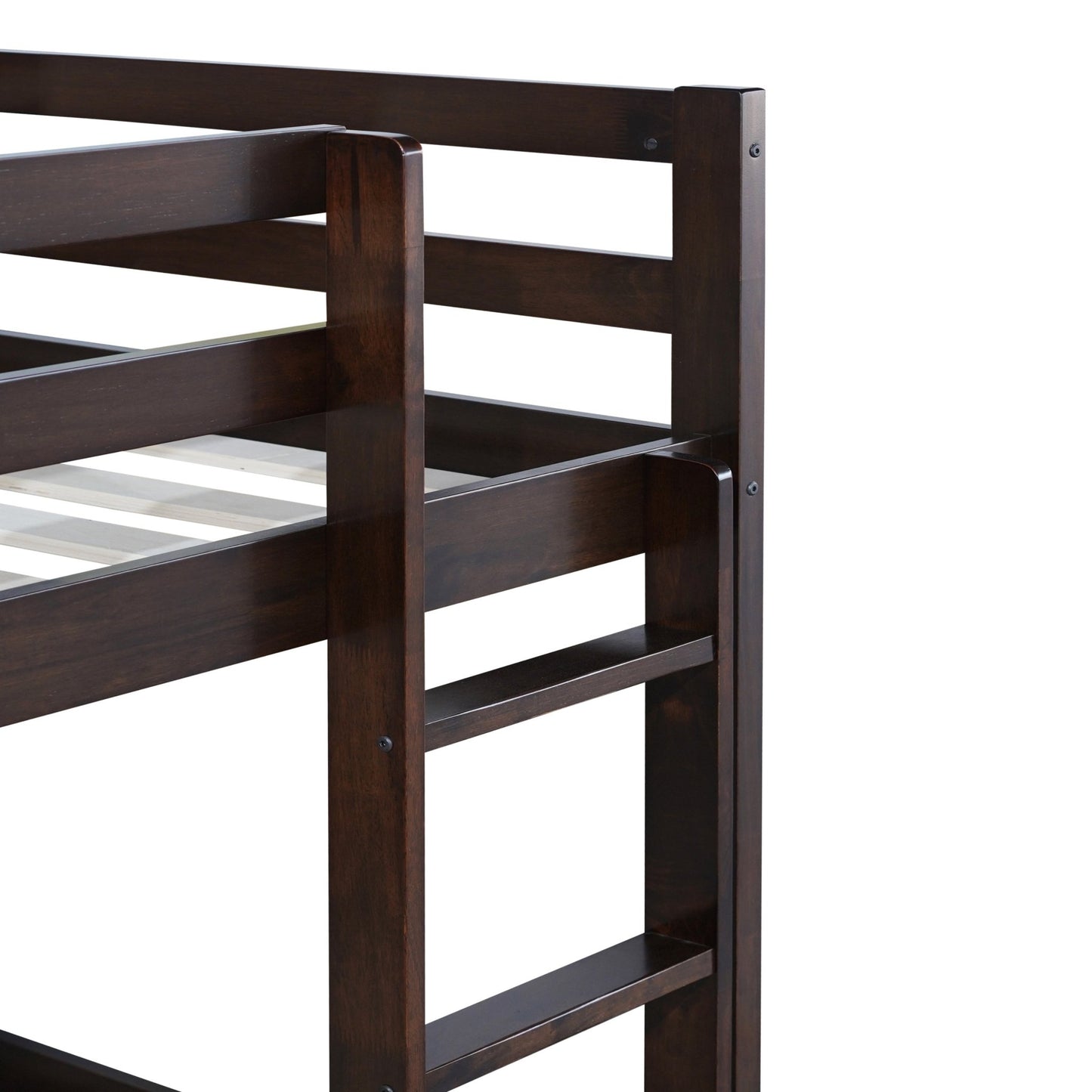 Solid Wooden, Solid Rubber Wooden Twin over Twin Floor Bunk Bed with Ladder, with Bed Platform of Strengthened Slats , Espresso - 1st Choice Furniture Direct