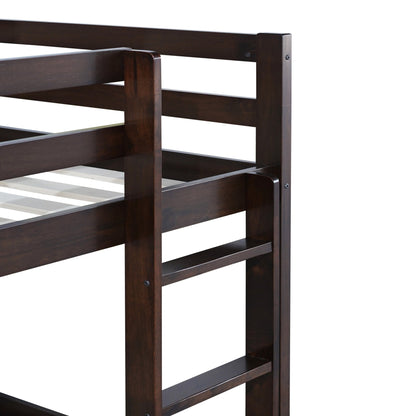 Solid Wooden, Solid Rubber Wooden Twin over Twin Floor Bunk Bed with Ladder, with Bed Platform of Strengthened Slats , Espresso - 1st Choice Furniture Direct