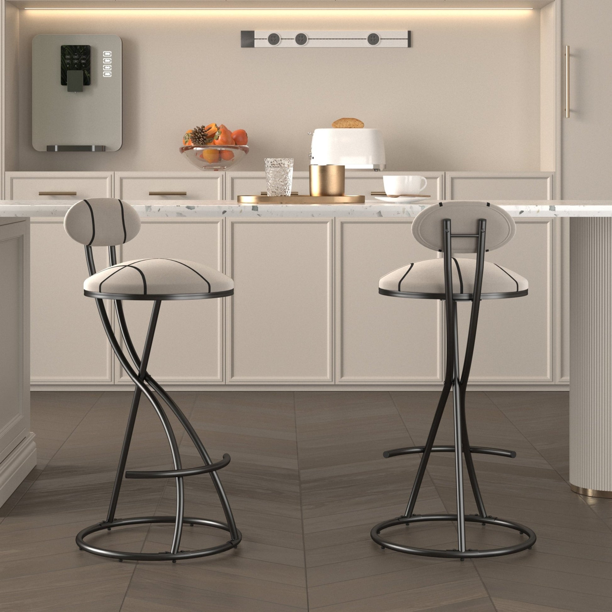 Striped Velvet Bar Stools Set of 2 | Modern Counter Height Chairs with Black Metal Frame - 1st Choice Furniture Direct