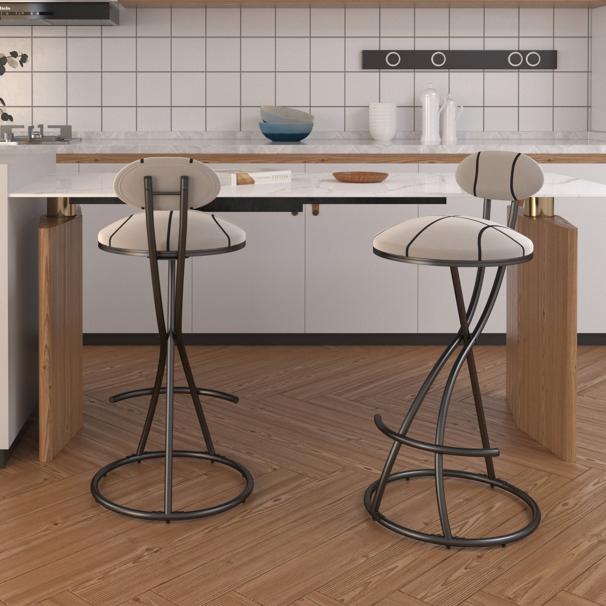 Striped Velvet Bar Stools Set of 2 | Modern Counter Height Chairs with Black Metal Frame - 1st Choice Furniture Direct