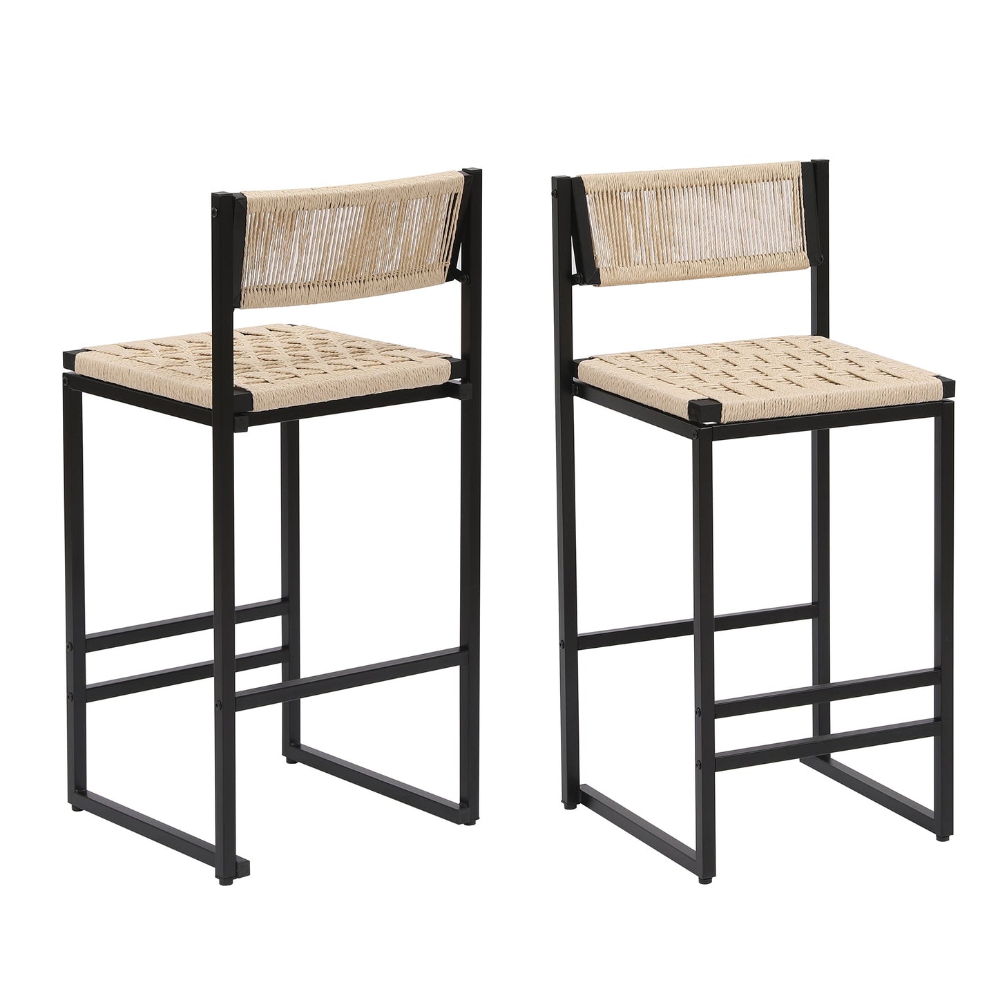 Style B Black & Creamy White Woven Bar Stools with Backrest, Paper Rope Weave Dining Chairs for Kitchen Island - 1st Choice Furniture Direct