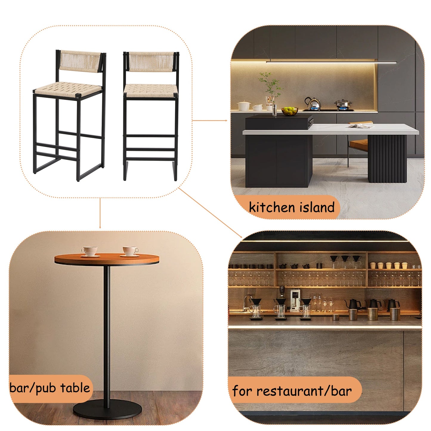 Style B Black & Creamy White Woven Bar Stools with Backrest, Paper Rope Weave Dining Chairs for Kitchen Island - 1st Choice Furniture Direct