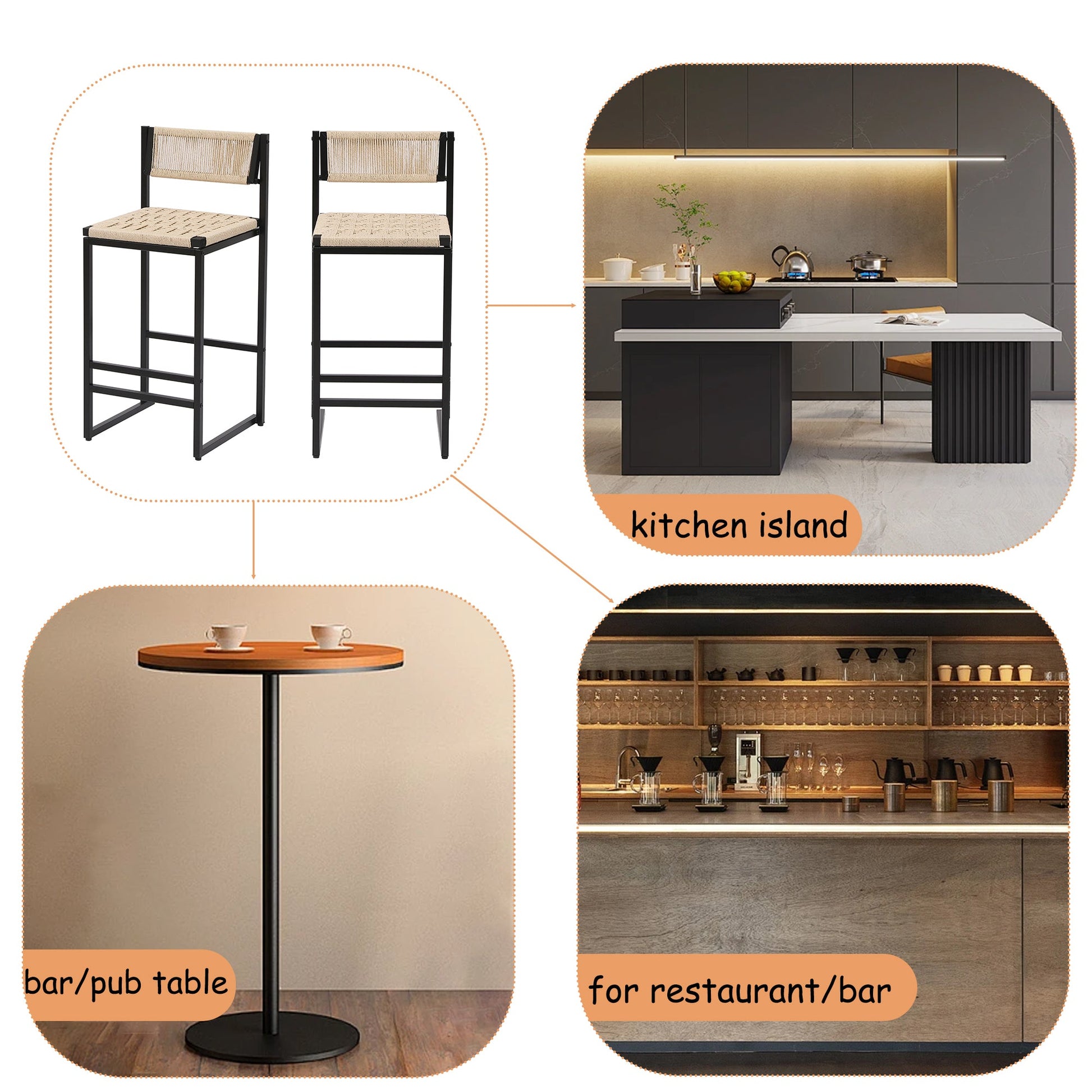 Style B Black & Creamy White Woven Bar Stools with Backrest, Paper Rope Weave Dining Chairs for Kitchen Island - 1st Choice Furniture Direct