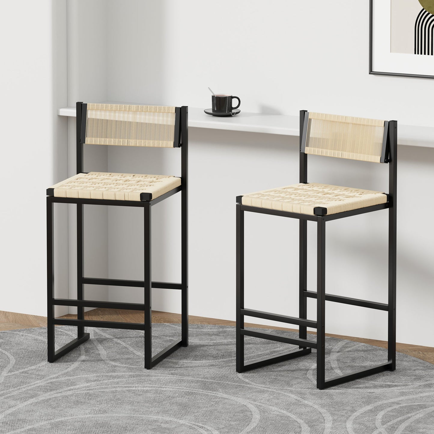 Style B Black & Creamy White Woven Bar Stools with Backrest, Paper Rope Weave Dining Chairs for Kitchen Island - 1st Choice Furniture Direct