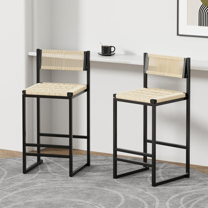Style B Black & Creamy White Woven Bar Stools with Backrest, Paper Rope Weave Dining Chairs for Kitchen Island - 1st Choice Furniture Direct