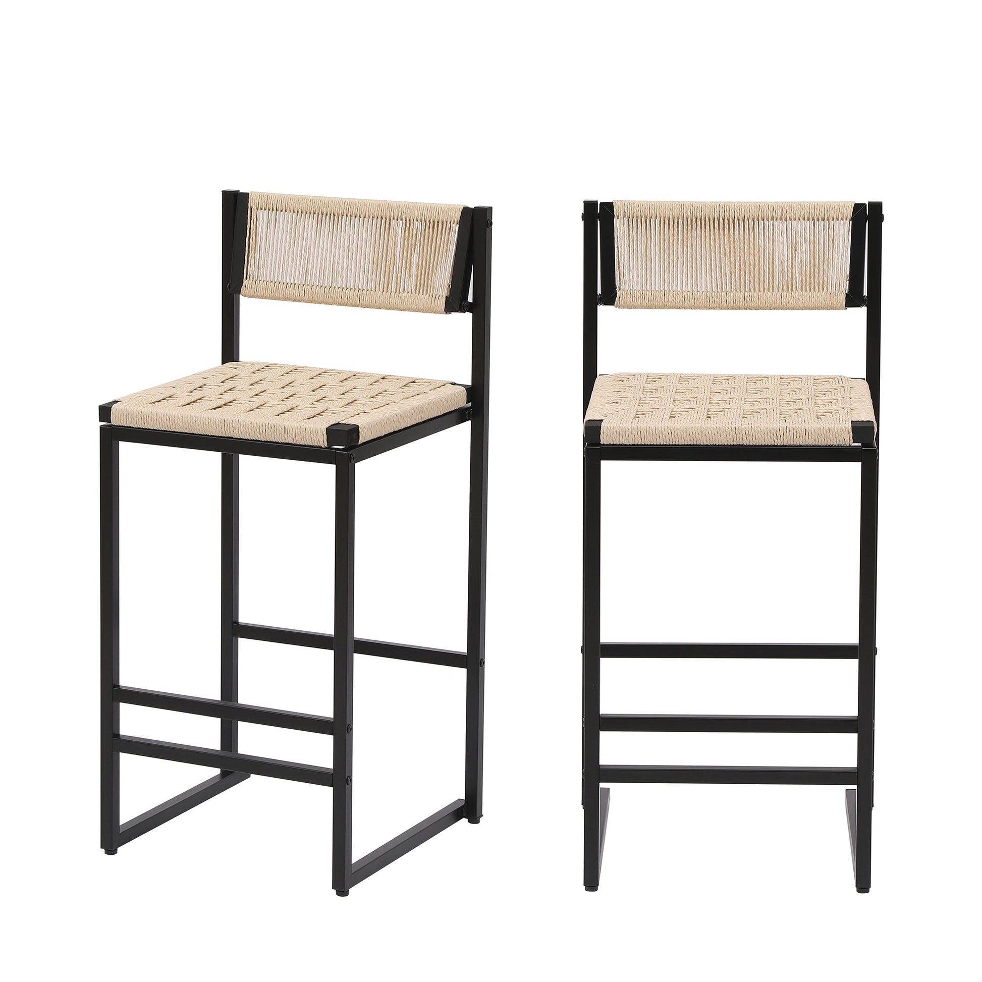 Style B Black & Creamy White Woven Bar Stools with Backrest, Paper Rope Weave Dining Chairs for Kitchen Island - 1st Choice Furniture Direct