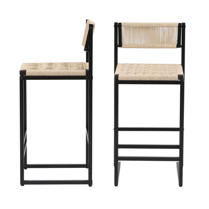 Style B Black & Creamy White Woven Bar Stools with Backrest, Paper Rope Weave Dining Chairs for Kitchen Island - 1st Choice Furniture Direct