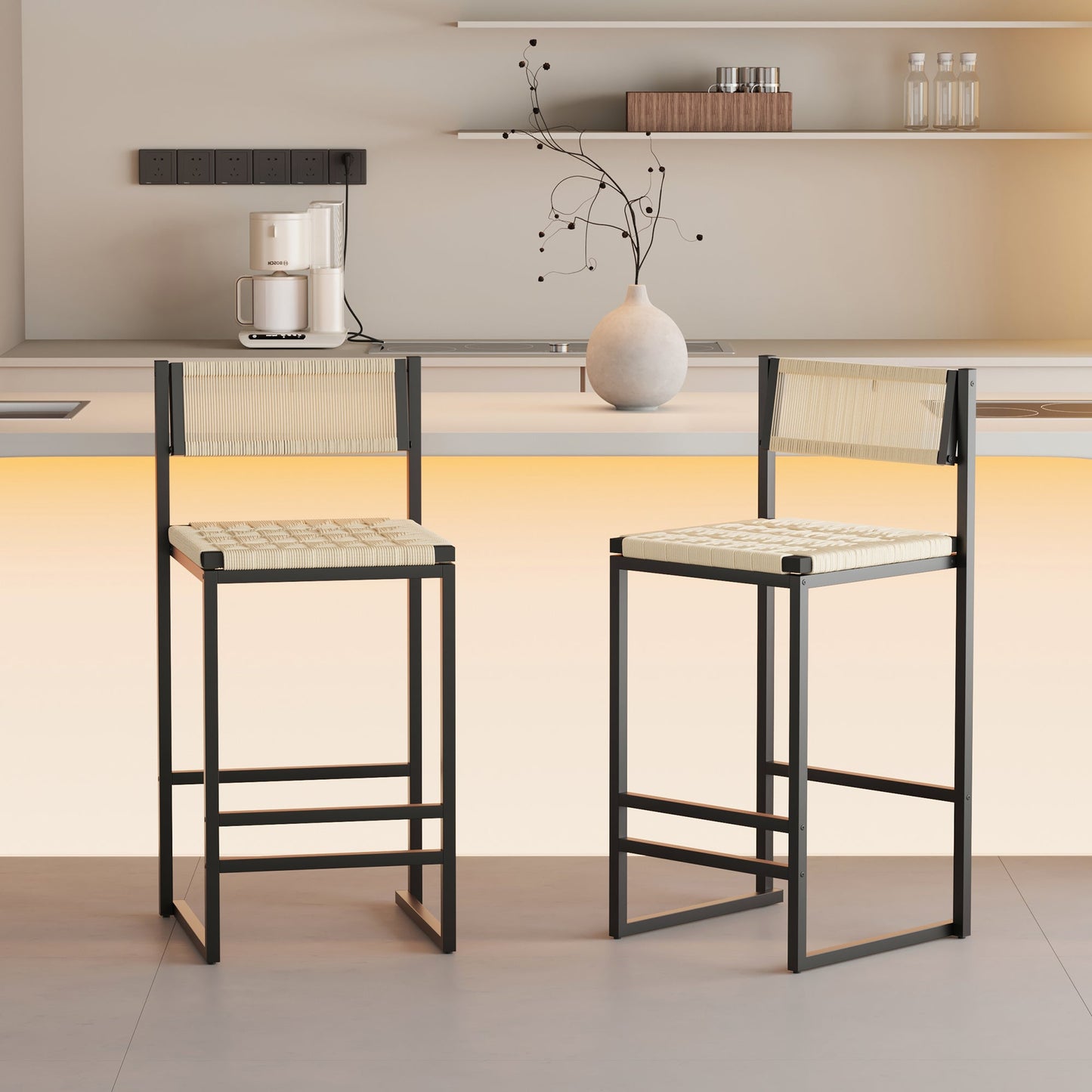 Style B Black & Creamy White Woven Bar Stools with Backrest, Paper Rope Weave Dining Chairs for Kitchen Island - 1st Choice Furniture Direct