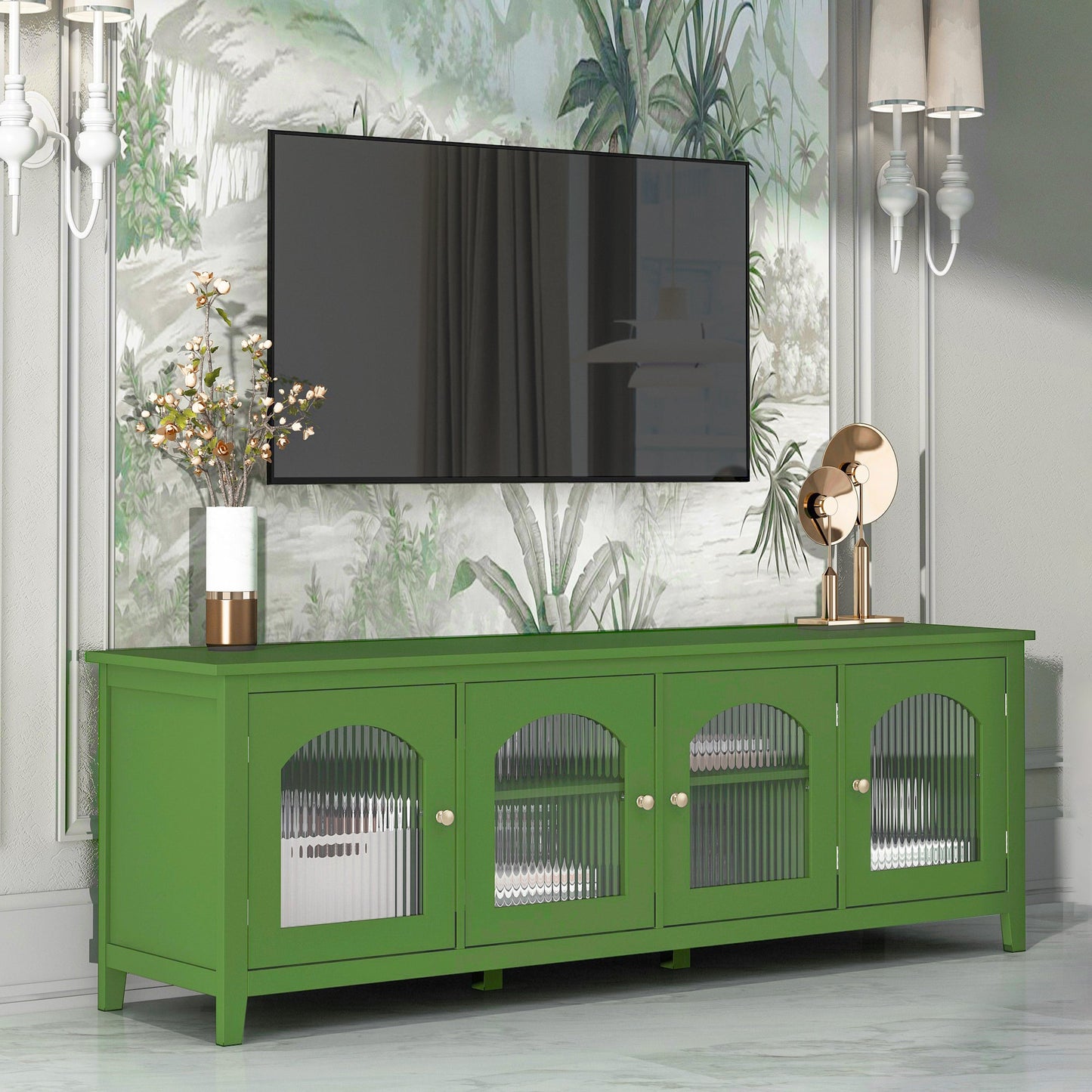 Stylish Antique Green TV Cabinet with Solid Wood Frame and Changhong Glass Door, 71-inch - 1st Choice Furniture Direct