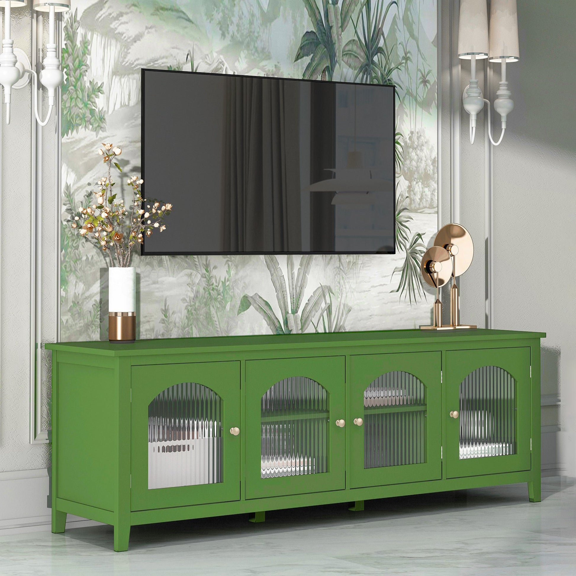 Stylish Antique Green TV Cabinet with Solid Wood Frame and Changhong Glass Door, 71-inch - 1st Choice Furniture Direct
