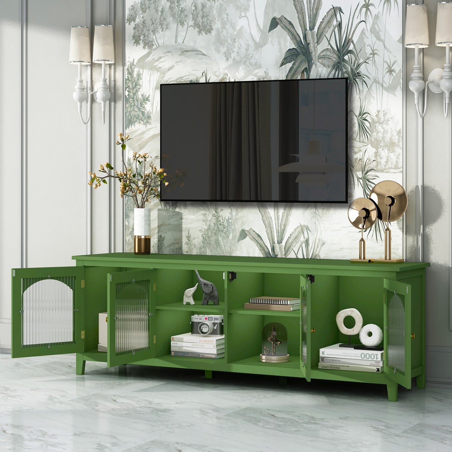 Stylish Antique Green TV Cabinet with Solid Wood Frame and Changhong Glass Door, 71-inch - 1st Choice Furniture Direct