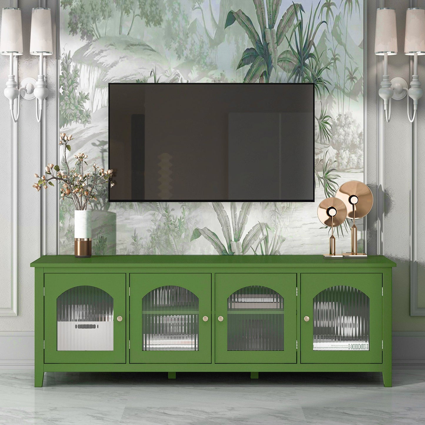 Stylish Antique Green TV Cabinet with Solid Wood Frame and Changhong Glass Door, 71-inch - 1st Choice Furniture Direct