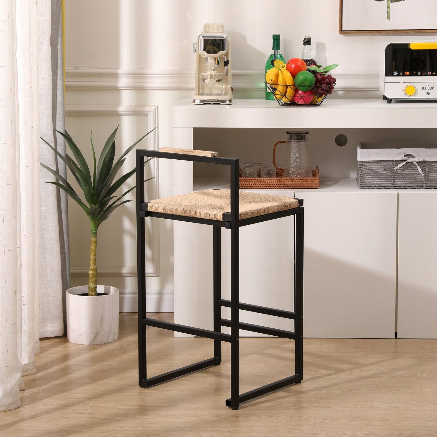 Stylish Set of 2 Bar Stools with Backrest and Paper Rope Woven Seat, Counter Height Dining Chairs for Kitchen, Natural Metal Frame - 1st Choice Furniture Direct