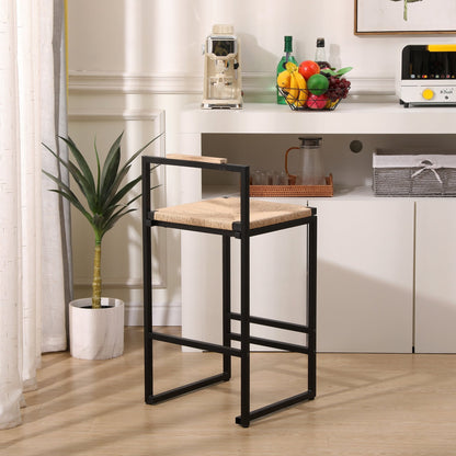 Stylish Set of 2 Bar Stools with Backrest and Paper Rope Woven Seat, Counter Height Dining Chairs for Kitchen, Natural Metal Frame - 1st Choice Furniture Direct
