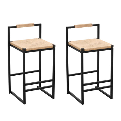 Stylish Set of 2 Bar Stools with Backrest and Paper Rope Woven Seat, Counter Height Dining Chairs for Kitchen, Natural Metal Frame - 1st Choice Furniture Direct