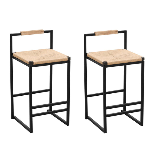 Stylish Set of 2 Bar Stools with Backrest and Paper Rope Woven Seat, Counter Height Dining Chairs for Kitchen, Natural Metal Frame - 1st Choice Furniture Direct