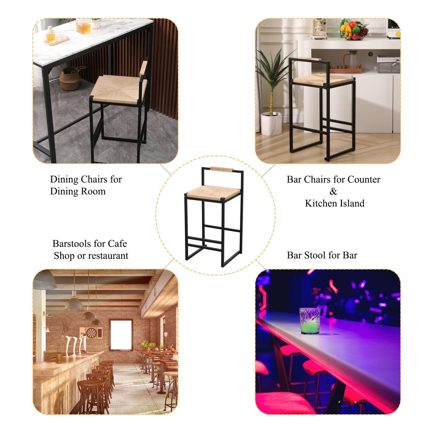 Stylish Set of 2 Bar Stools with Backrest and Paper Rope Woven Seat, Counter Height Dining Chairs for Kitchen, Natural Metal Frame - 1st Choice Furniture Direct