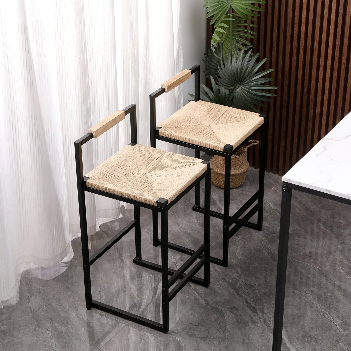 Stylish Set of 2 Bar Stools with Backrest and Paper Rope Woven Seat, Counter Height Dining Chairs for Kitchen, Natural Metal Frame - 1st Choice Furniture Direct