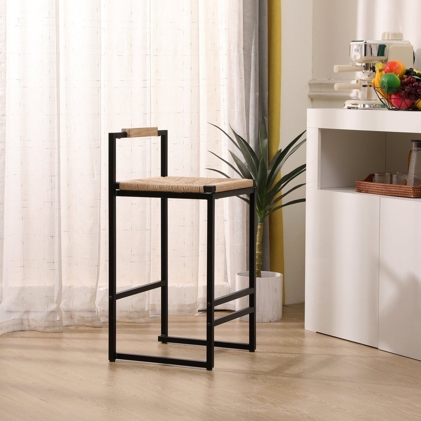 Stylish Set of 2 Bar Stools with Backrest and Paper Rope Woven Seat, Counter Height Dining Chairs for Kitchen, Natural Metal Frame - 1st Choice Furniture Direct