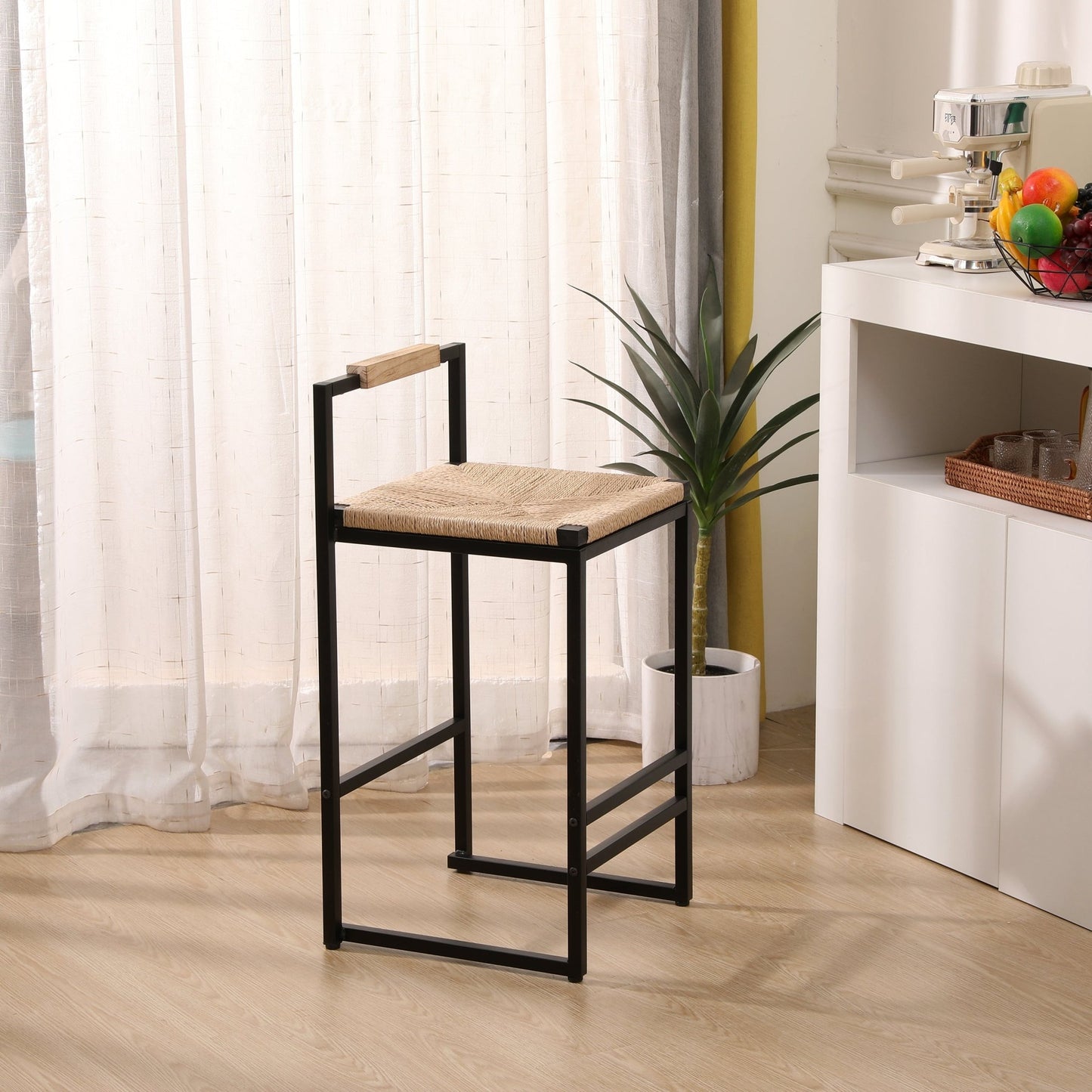 Stylish Set of 2 Bar Stools with Backrest and Paper Rope Woven Seat, Counter Height Dining Chairs for Kitchen, Natural Metal Frame - 1st Choice Furniture Direct