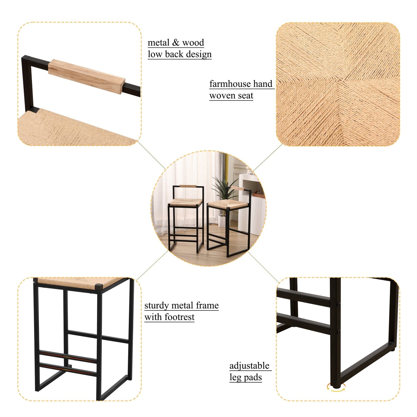 Stylish Set of 2 Bar Stools with Backrest and Paper Rope Woven Seat, Counter Height Dining Chairs for Kitchen, Natural Metal Frame - 1st Choice Furniture Direct