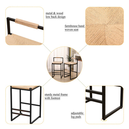 Stylish Set of 2 Bar Stools with Backrest and Paper Rope Woven Seat, Counter Height Dining Chairs for Kitchen, Natural Metal Frame - 1st Choice Furniture Direct