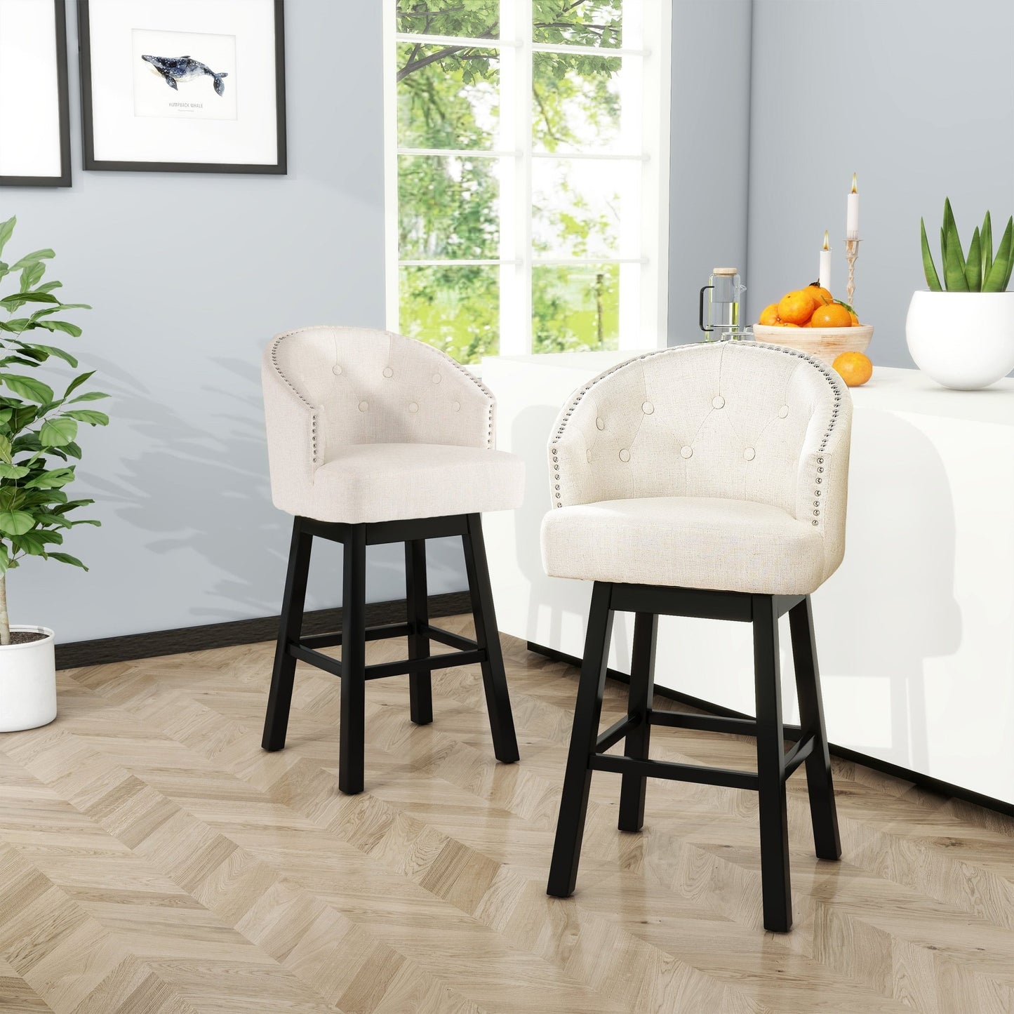 Swivel Bar Stools Set – Beige Tufted Kitchen Island Chairs - 1st Choice Furniture Direct