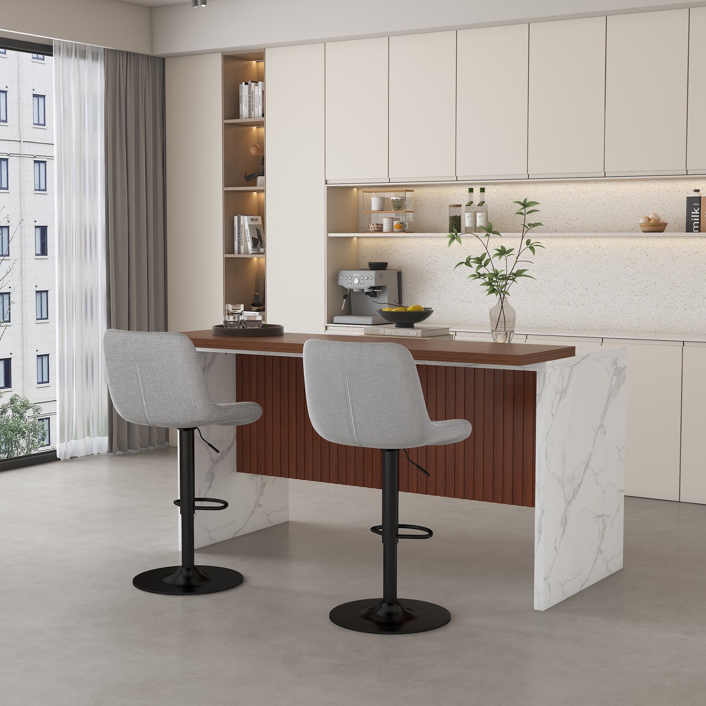 Swivel Bar Stools with Adjustable Height (35.03 - 43.7 Inches), Backrest, and Soft Knit Fabric - Ideal for Kitchen Island, Bar Counter, Dining Room, Grey(Set of 2) - 1st Choice Furniture Direct