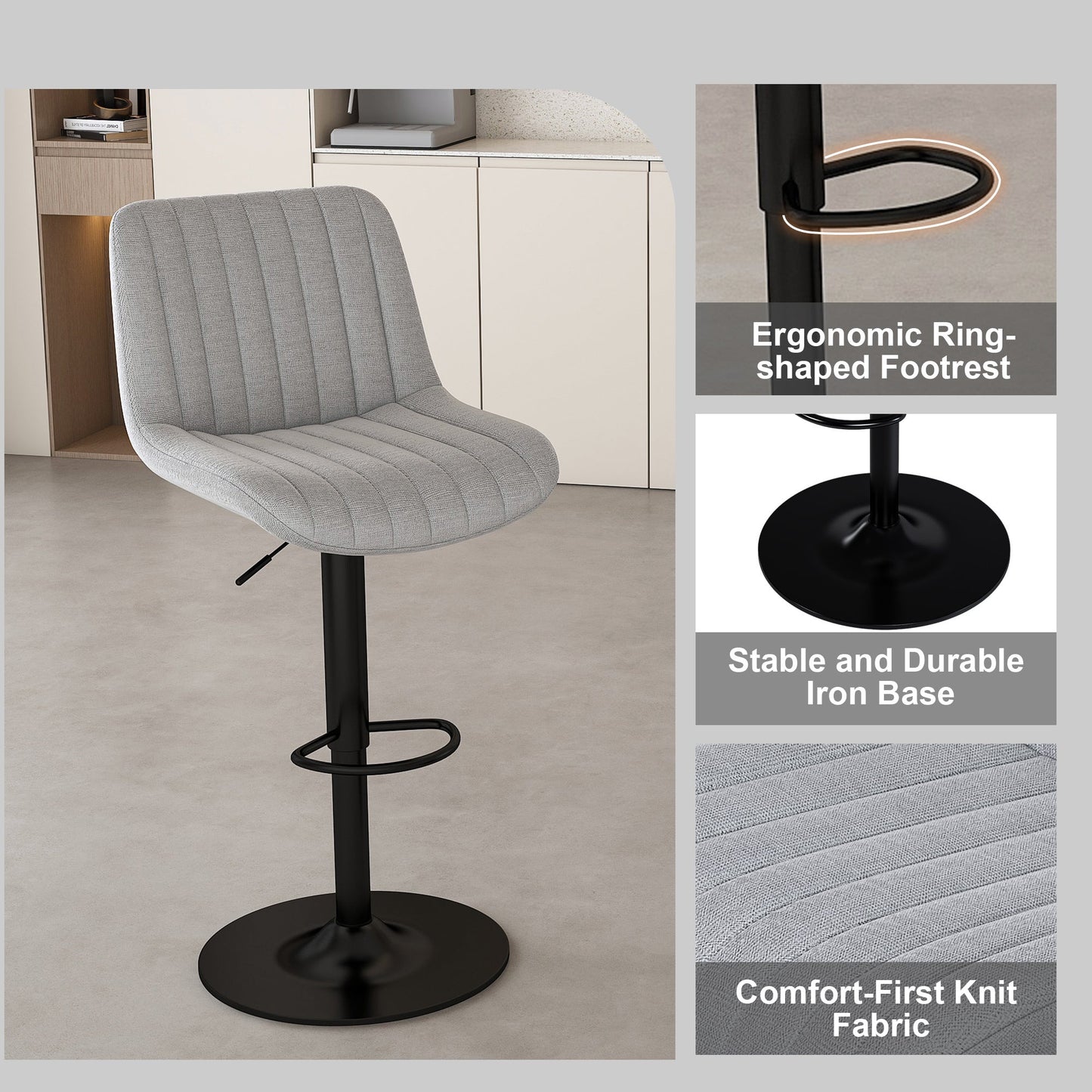 Swivel Bar Stools with Adjustable Height (35.03 - 43.7 Inches), Backrest, and Soft Knit Fabric - Ideal for Kitchen Island, Bar Counter, Dining Room, Grey(Set of 2) - 1st Choice Furniture Direct