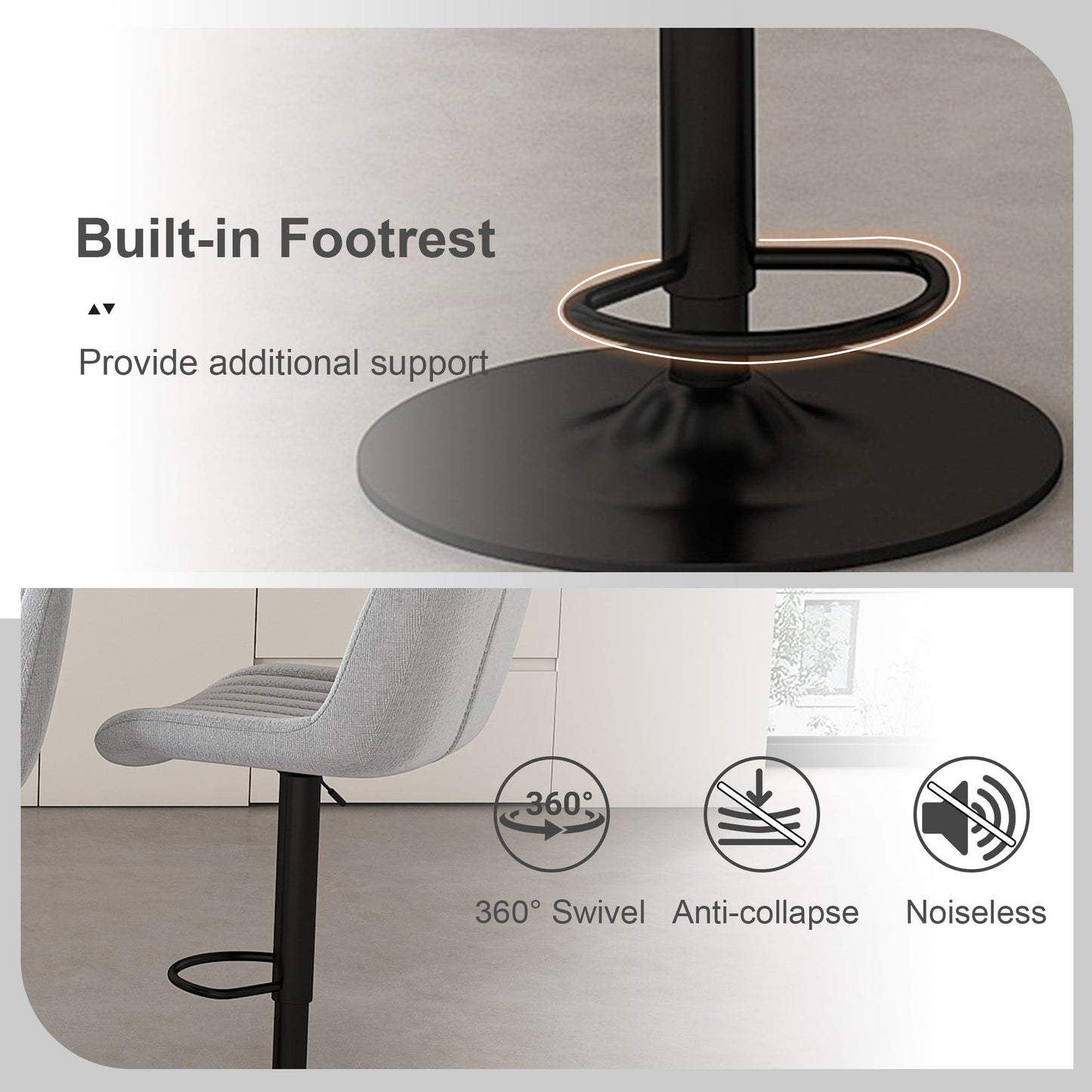Swivel Bar Stools with Adjustable Height (35.03 - 43.7 Inches), Backrest, and Soft Knit Fabric - Ideal for Kitchen Island, Bar Counter, Dining Room, Grey(Set of 2) - 1st Choice Furniture Direct