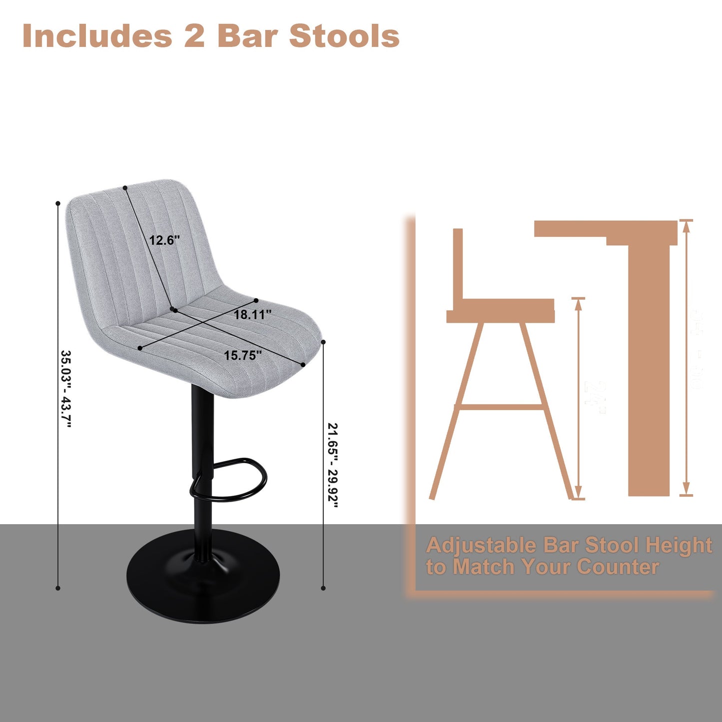 Swivel Bar Stools with Adjustable Height (35.03 - 43.7 Inches), Backrest, and Soft Knit Fabric - Ideal for Kitchen Island, Bar Counter, Dining Room, Grey(Set of 2) - 1st Choice Furniture Direct