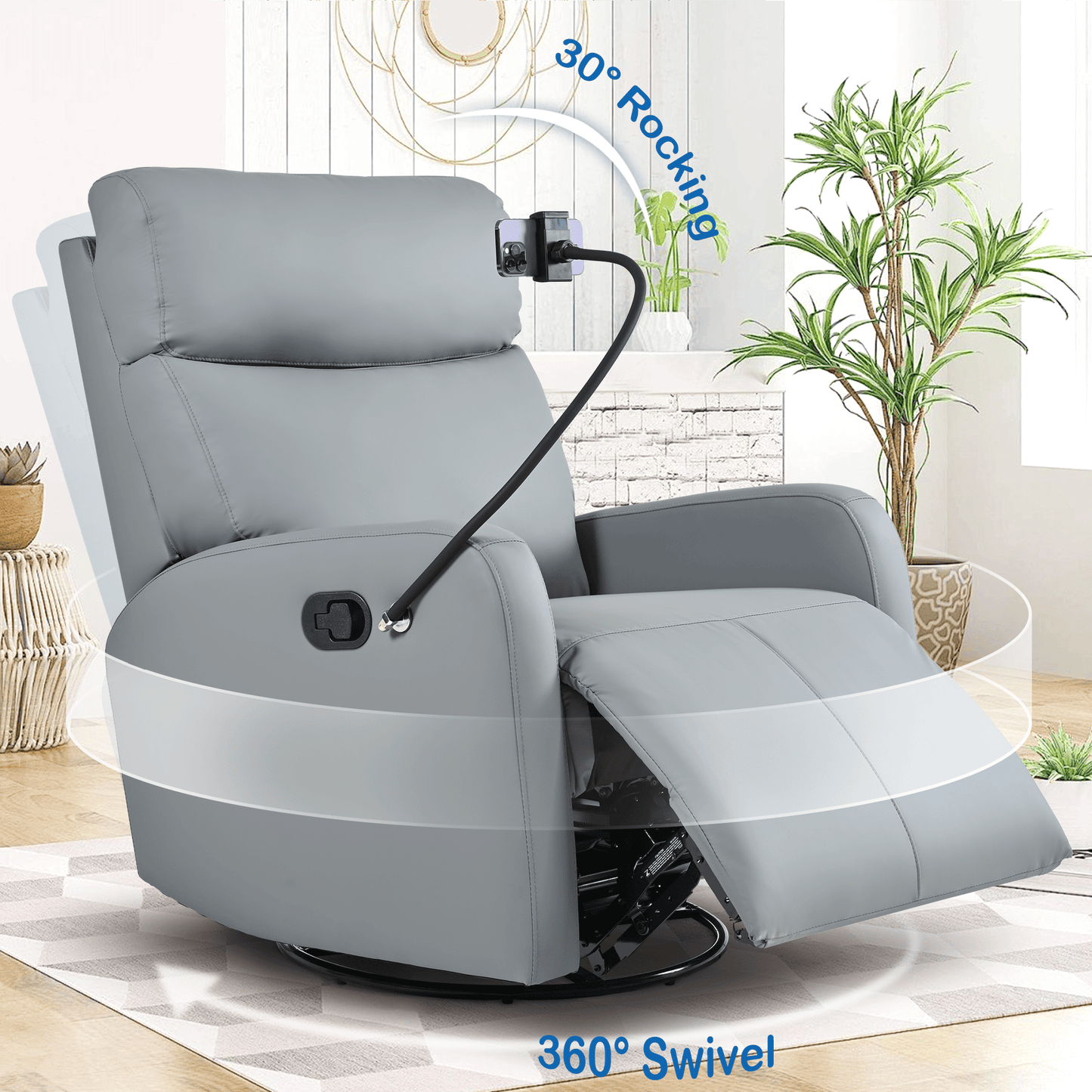 Swivel Rocker Recliner Chair,360 Degree Nursery Rocking Chair,Glider Chair,Modern Small Rocking Swivel Recliner Chair for Bedroom,Living Room Chair Home Theater Seat,Phone Holder(Blue - gray) - 1st Choice Furniture Direct