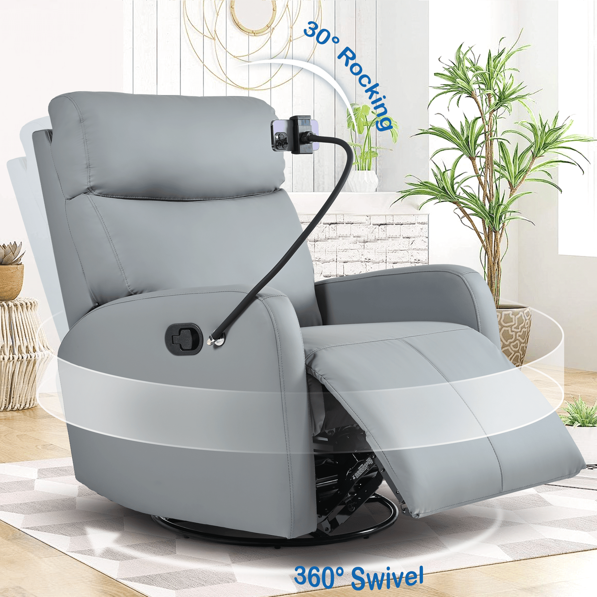 Swivel Rocker Recliner Chair,360 Degree Nursery Rocking Chair,Glider Chair,Modern Small Rocking Swivel Recliner Chair for Bedroom,Living Room Chair Home Theater Seat,Phone Holder(Blue - gray) - 1st Choice Furniture Direct