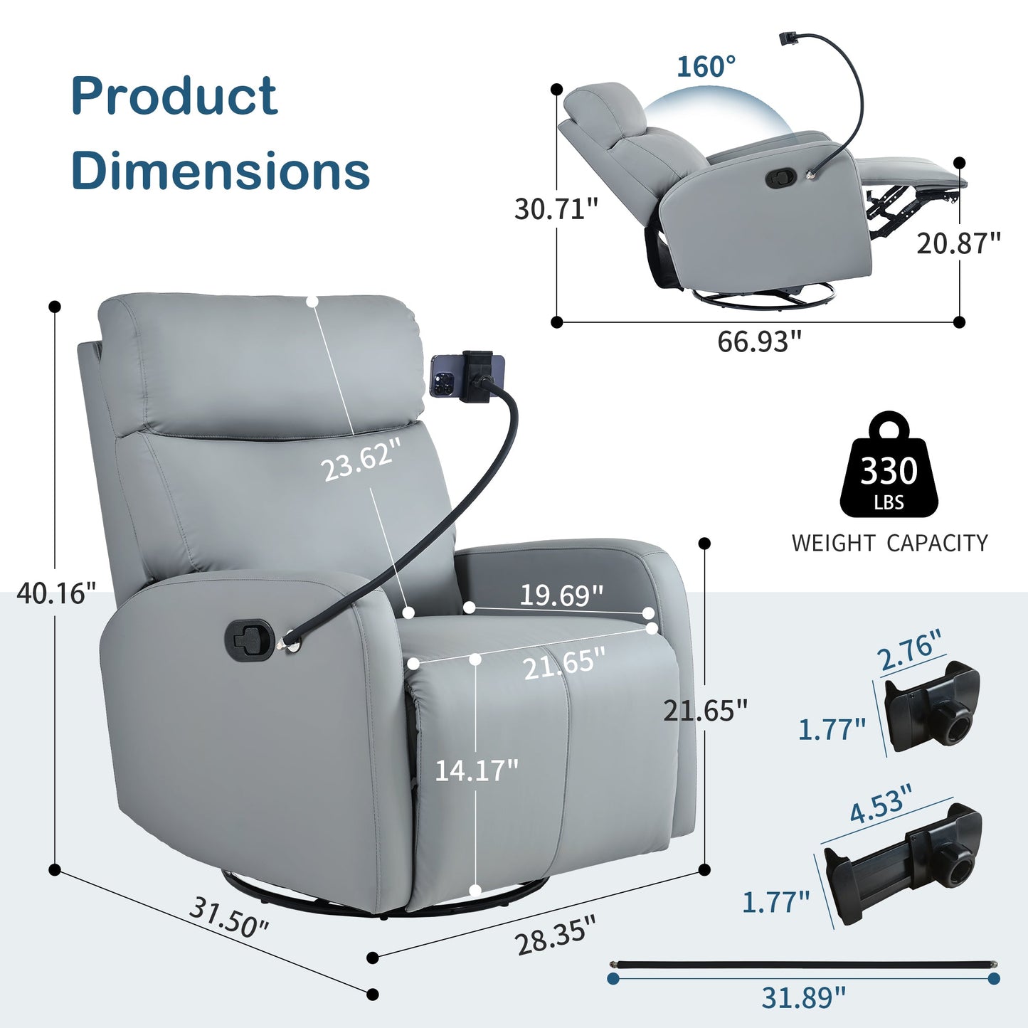 Swivel Rocker Recliner Chair,360 Degree Nursery Rocking Chair,Glider Chair,Modern Small Rocking Swivel Recliner Chair for Bedroom,Living Room Chair Home Theater Seat,Phone Holder(Blue - gray) - 1st Choice Furniture Direct