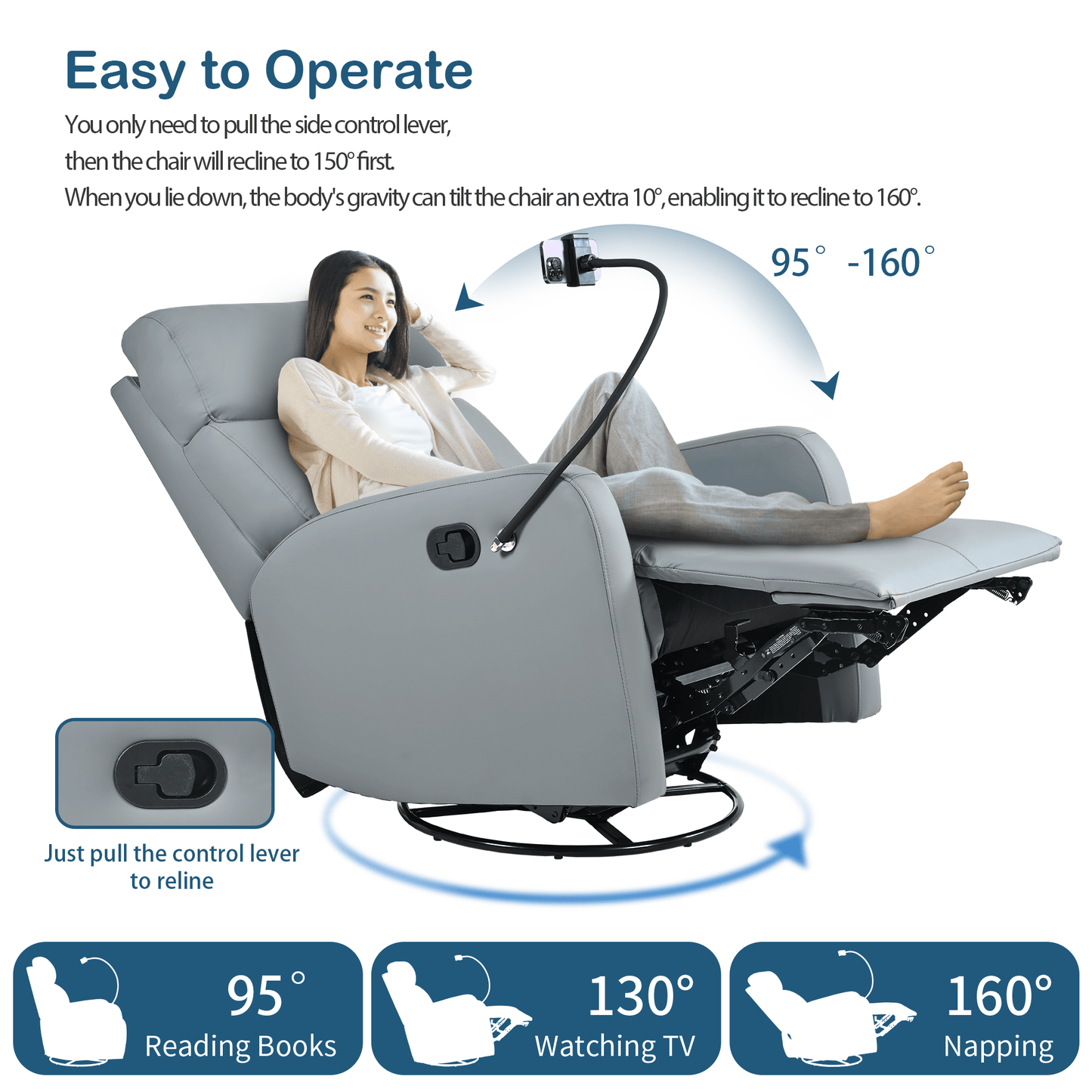 Swivel Rocker Recliner Chair,360 Degree Nursery Rocking Chair,Glider Chair,Modern Small Rocking Swivel Recliner Chair for Bedroom,Living Room Chair Home Theater Seat,Phone Holder(Blue - gray) - 1st Choice Furniture Direct