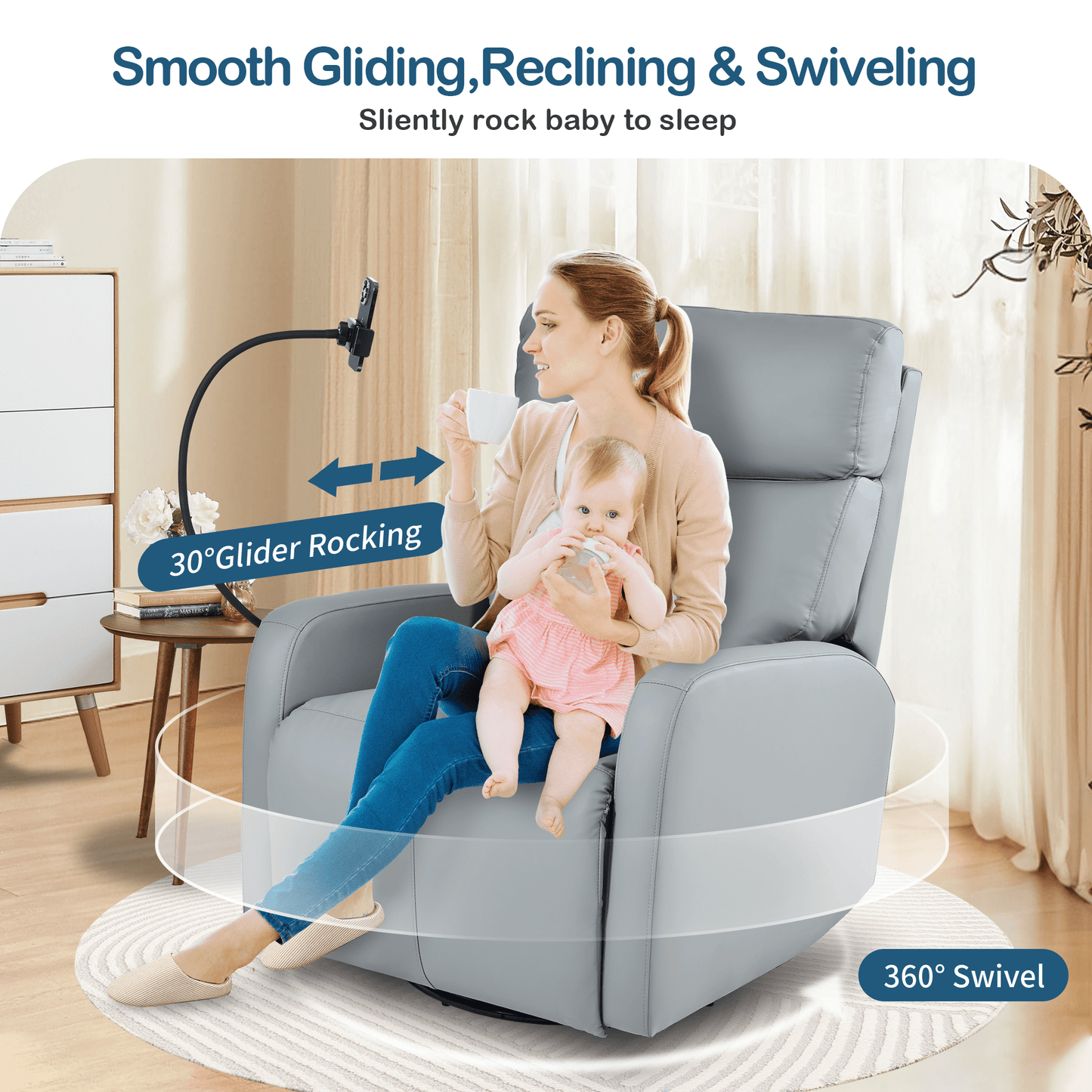 Swivel Rocker Recliner Chair,360 Degree Nursery Rocking Chair,Glider Chair,Modern Small Rocking Swivel Recliner Chair for Bedroom,Living Room Chair Home Theater Seat,Phone Holder(Blue - gray) - 1st Choice Furniture Direct