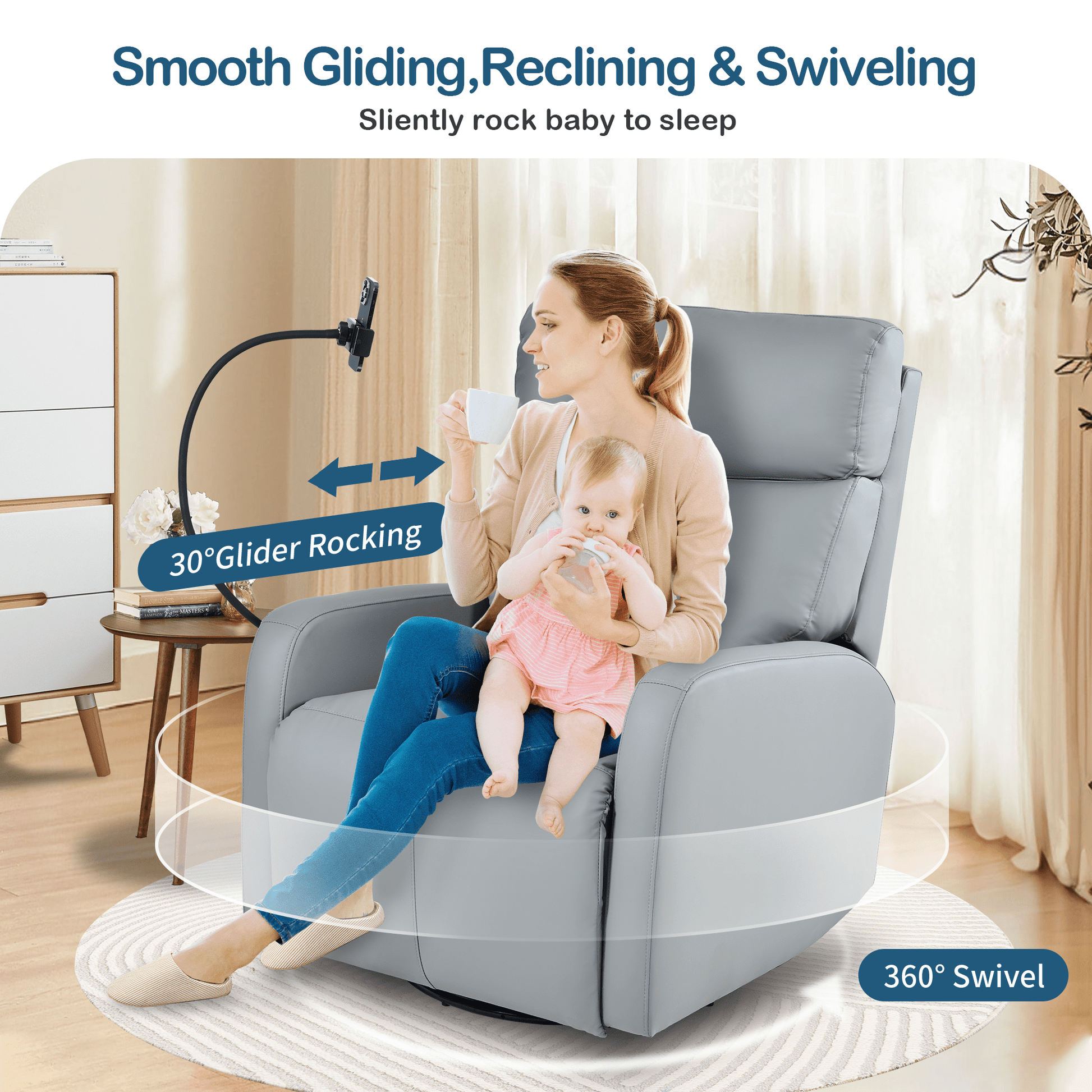 Swivel Rocker Recliner Chair,360 Degree Nursery Rocking Chair,Glider Chair,Modern Small Rocking Swivel Recliner Chair for Bedroom,Living Room Chair Home Theater Seat,Phone Holder(Blue - gray) - 1st Choice Furniture Direct