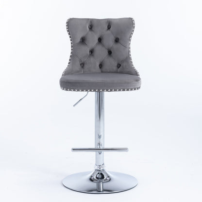 Swivel Velvet Barstools Adjusatble Seat Height from 25 - 33 Inch, Chrome base Bar Stools with Backs Comfortable Tufted for Home Pub and Kitchen Island,Set of 2, AS1712GY, Gray - 1st Choice Furniture Direct