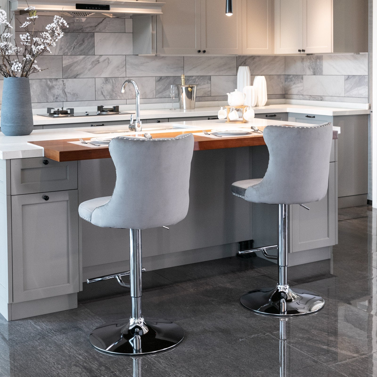 Swivel Velvet Barstools Adjusatble Seat Height from 25 - 33 Inch, Chrome base Bar Stools with Backs Comfortable Tufted for Home Pub and Kitchen Island,Set of 2, AS1712GY, Gray - 1st Choice Furniture Direct