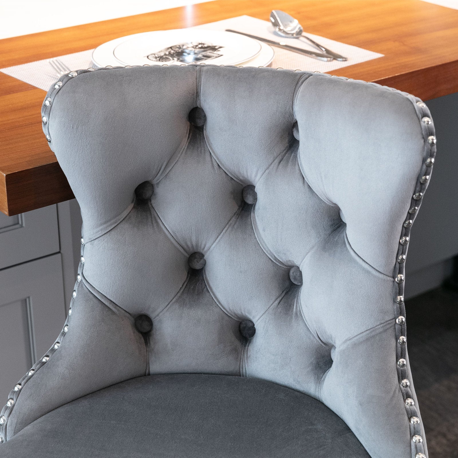 Swivel Velvet Barstools Adjusatble Seat Height from 25 - 33 Inch, Chrome base Bar Stools with Backs Comfortable Tufted for Home Pub and Kitchen Island,Set of 2, AS1712GY, Gray - 1st Choice Furniture Direct