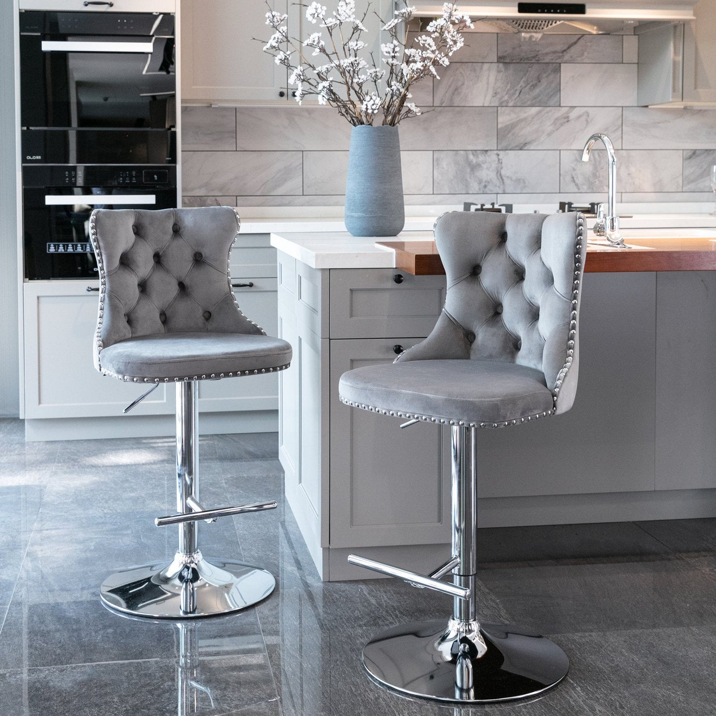 Swivel Velvet Barstools Adjusatble Seat Height from 25 - 33 Inch, Chrome base Bar Stools with Backs Comfortable Tufted for Home Pub and Kitchen Island,Set of 2, AS1712GY, Gray - 1st Choice Furniture Direct