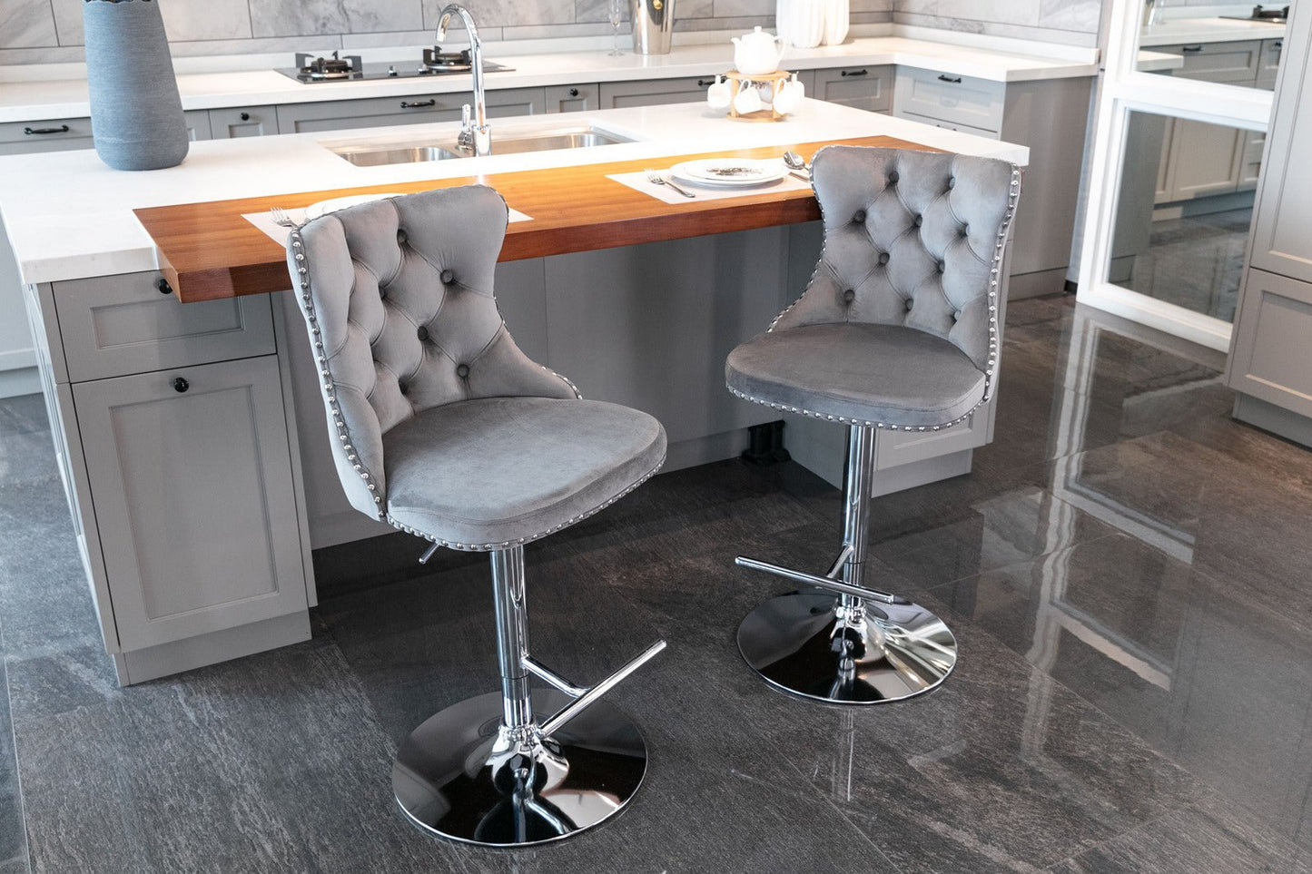 Swivel Velvet Barstools Adjusatble Seat Height from 25 - 33 Inch, Chrome base Bar Stools with Backs Comfortable Tufted for Home Pub and Kitchen Island,Set of 2, AS1712GY, Gray - 1st Choice Furniture Direct