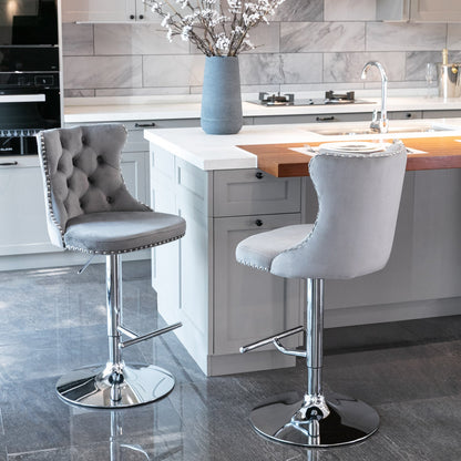 Swivel Velvet Barstools Adjusatble Seat Height from 25 - 33 Inch, Chrome base Bar Stools with Backs Comfortable Tufted for Home Pub and Kitchen Island,Set of 2, AS1712GY, Gray - 1st Choice Furniture Direct